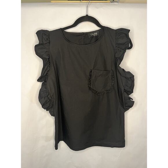 Black Ruffle Cotton Top Womens Medium Flutter Sleeves Romantic Cottagecore Fairy - Picture 2 of 15